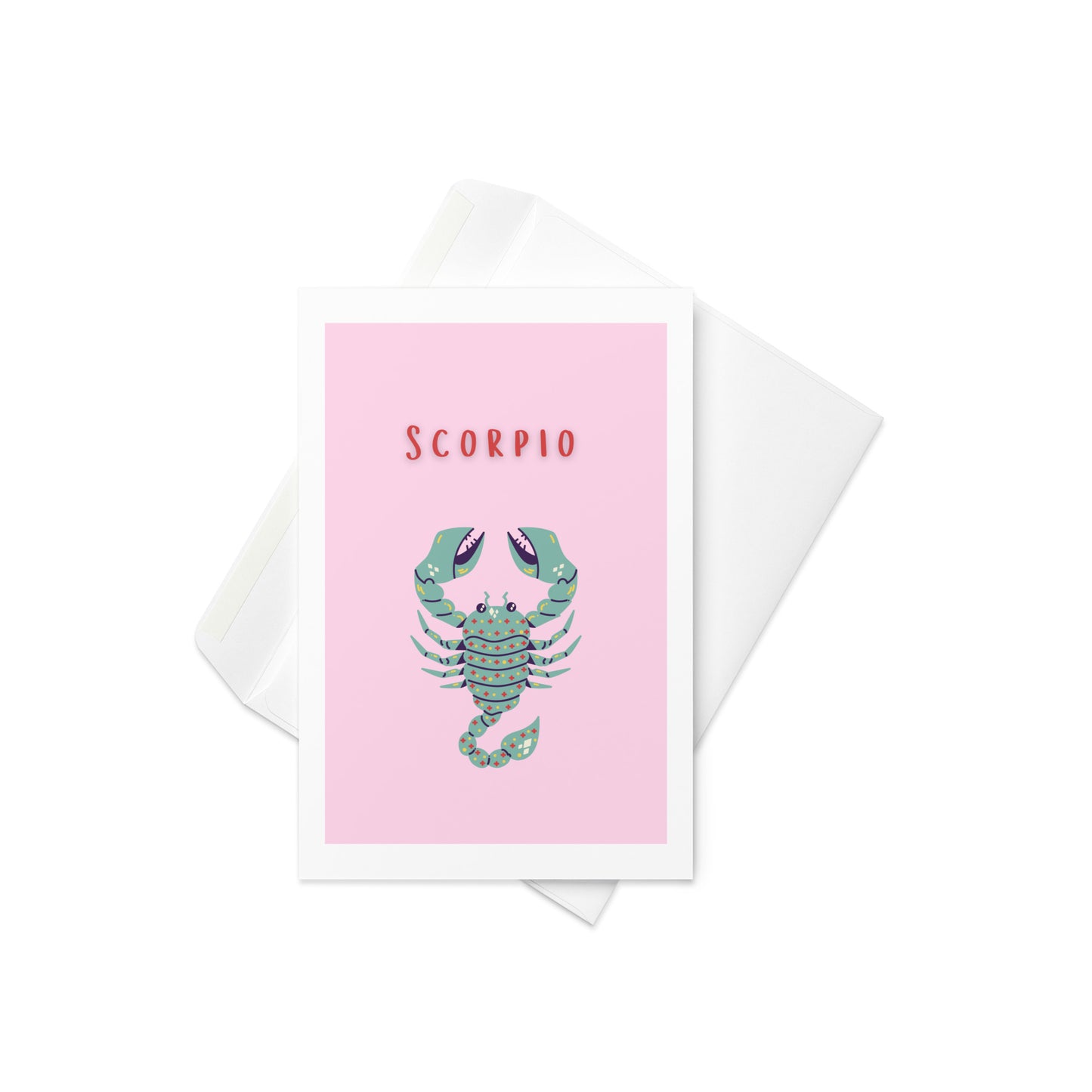 Scorpio star sign birthday card, blank inside, pink and green