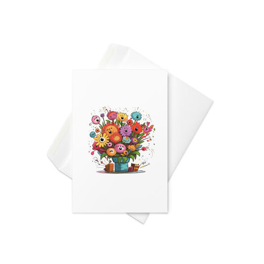 Flower bouquet with little faces, cute flower card, blank on the front, any occasion, blank inside for your own message. 