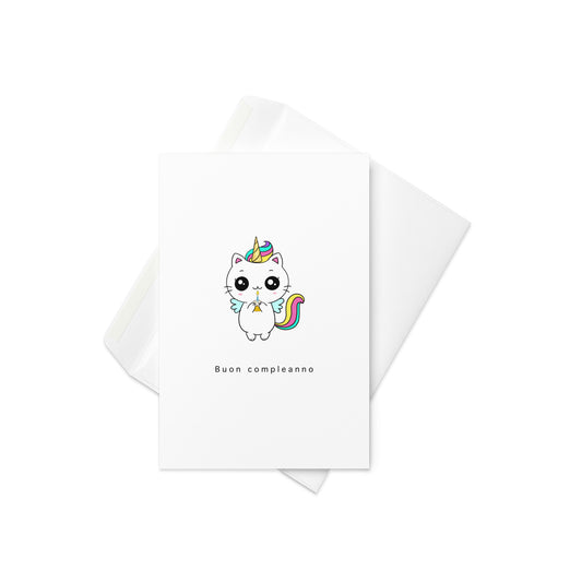 Buon Compleanno, Happy Birthday, Italian Birthday card, unicorn birthday card. blank inside, cute unicorn and cupcake birthday card. Rainbow unicorn card. Birthday card