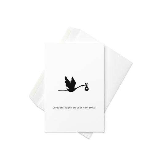 Congratulations on your new arrival, new baby card, cute stork new baby card, black and white card, blank inside