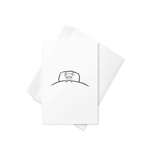 Llama in a bed card, cute greetings card, blank for your personalisation. Blank inside.