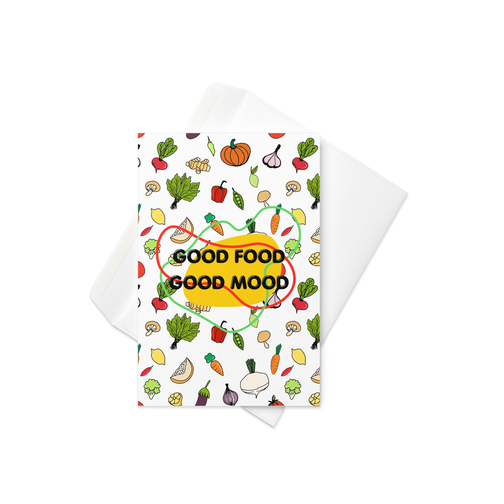 “Good Food, Good Mood” on a colorful illustrated background of vibrant vegetables

Send some veggie-powered positivity! This cheerful card features the phrase “Good Food, Good Mood” set against a background of brightly illustrated vegetables like carrots, broccoli, peppers and more. Perfect for foodies, health lovers, or anyone who appreciates a nourishing pun and bold, colorful design.

🥦 Great for thank you notes, everyday encouragement, or foodie friends