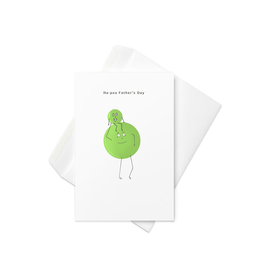 “Hap-Pea Father's Day” with a big pea and little pea, the little one on the shoulders of the larger “father figure” pea

Celebrate Father’s Day with the perfect blend of cuteness and punny charm! This “Hap-Pea Father’s Day” card features a heartwarming illustration of a big pea carrying a little pea on his shoulders, showcasing the love and bond between father and child. With their happy faces, stick arms and legs, and playful energy, this card is a fun way to celebrate dads, grandfathers, and father figure