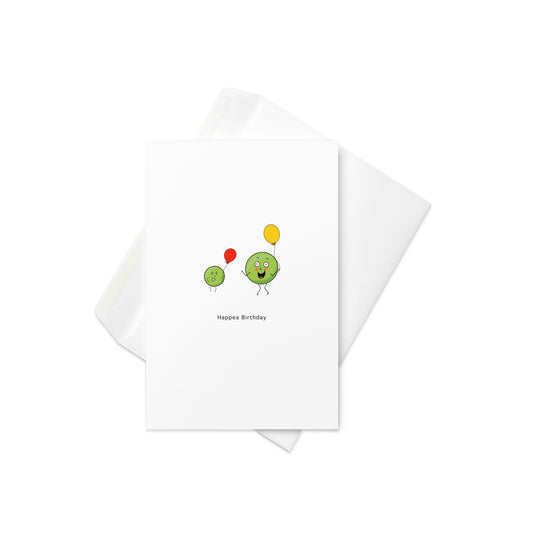 “Happea Birthday” with two adorable, illustrated peas holding balloons

Celebrate their special day with a sweet and punny twist! This “Happea Birthday” card features two cheerful little peas, each holding a balloon and sporting happy faces, stick arms, and legs. It’s the perfect way to send a fun, lighthearted birthday wish to anyone who loves cute characters and clever wordplay.

🌱 Perfect for kids, friends, or anyone who enjoys a quirky birthday greeting