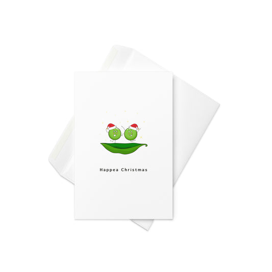 Happea Christmas” with two adorable little peas in Santa hats jumping out of a pea pod

Spread some festive joy with this cute and cheerful “Happea Christmas” card! Featuring two little peas in Santa hats, bursting with holiday spirit and fun, this card is the perfect way to wish someone a merry, playful Christmas. The peas are jumping out of their pea pod, spreading happiness, love, and a little Christmas cheer to those who deserve it most.

🎅 Perfect for friends, family, or anyone who loves puns