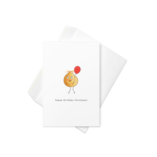 Happy Birthday Chick(pea)” with a cute, illustrated chickpea holding a balloon

Send a birthday wish that’s full of flavor and fun with this sweet little chickpea character! This pun-tastic card is perfect for food lovers, veggie enthusiasts, or just someone who appreciates a quirky, feel-good birthday greeting. With rosy cheeks, stick limbs, and a party balloon in hand, this chick(pea) brings all the charm.

🌱 Ideal for plant-based pals, pun lovers, and birthday babes