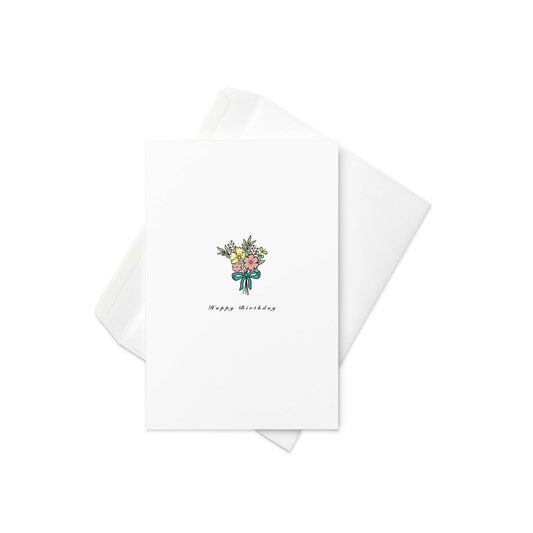  “Happy Birthday”
Design: A sweet, illustrated bouquet of flowers tied together with a dainty bow

Send birthday wishes wrapped in charm with this delightful floral card. Featuring a hand-drawn bouquet tied with a cute little bow and soft, cheerful colours, it’s a thoughtful and stylish way to say “Happy Birthday” to someone special. Perfect for anyone who loves flowers, simplicity, and pretty paper goods.

💐 Whimsical hand-drawn flower bouquet
🎀 Delicate bow detail for an added touch of sweetness
