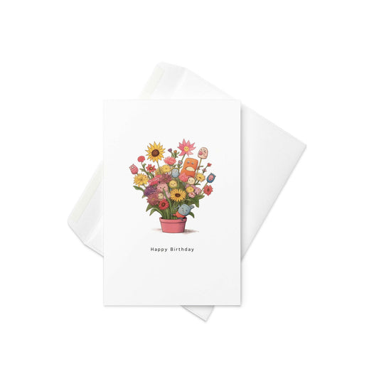 “Happy Birthday”
Design: A vibrant mix of illustrated flowers in a plant pot, with some blooms featuring happy little faces

Send a cheerful birthday greeting that’s blooming with good vibes! This playful and colorful card features a plant pot bursting with bright flowers—some with charming little smiles and stick-figure personality. It’s the perfect pick for flower lovers, garden enthusiasts, or anyone who could use a big bouquet of joy on their special day.

🌼 Full floral display in a cheerful plant pot
