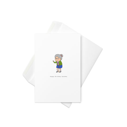 “Happy Birthday Grandma” with an adorable cartoon illustration of a sweet little grandma

Celebrate Grandma in the most heartwarming way! This charming birthday card features a lovable cartoon-style grandma with gentle details and a joyful vibe. Whether she’s sassy, snuggly, or somewhere in between, this card is a perfect way to make her smile on her special day.

💖 Ideal for grandmas of all styles – modern, traditional, or extra fabulous
👵 Cute and thoughtful design full of love