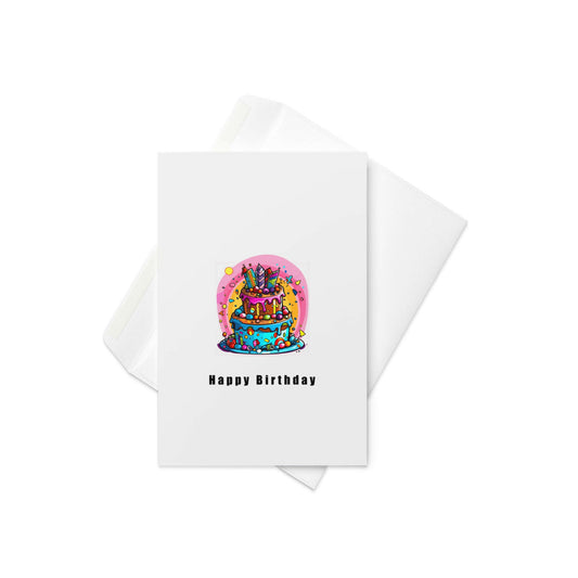 “Happy Birthday”
Design: A bold and bright three-tier birthday cake, bursting with colour and topped with a rainbow halo background

Turn up the party vibes with this ultra-colourful birthday card! Featuring a joyful three-tiered cake and a dazzling rainbow halo background, this design is perfect for anyone who loves bold colours, big celebrations, and a whole lot of fun. It's guaranteed to stand out on any mantelpiece!

🎂 Vibrant 3-tier cake illustration
🌈 Rainbow halo background for extra magic
🎉 “Happ