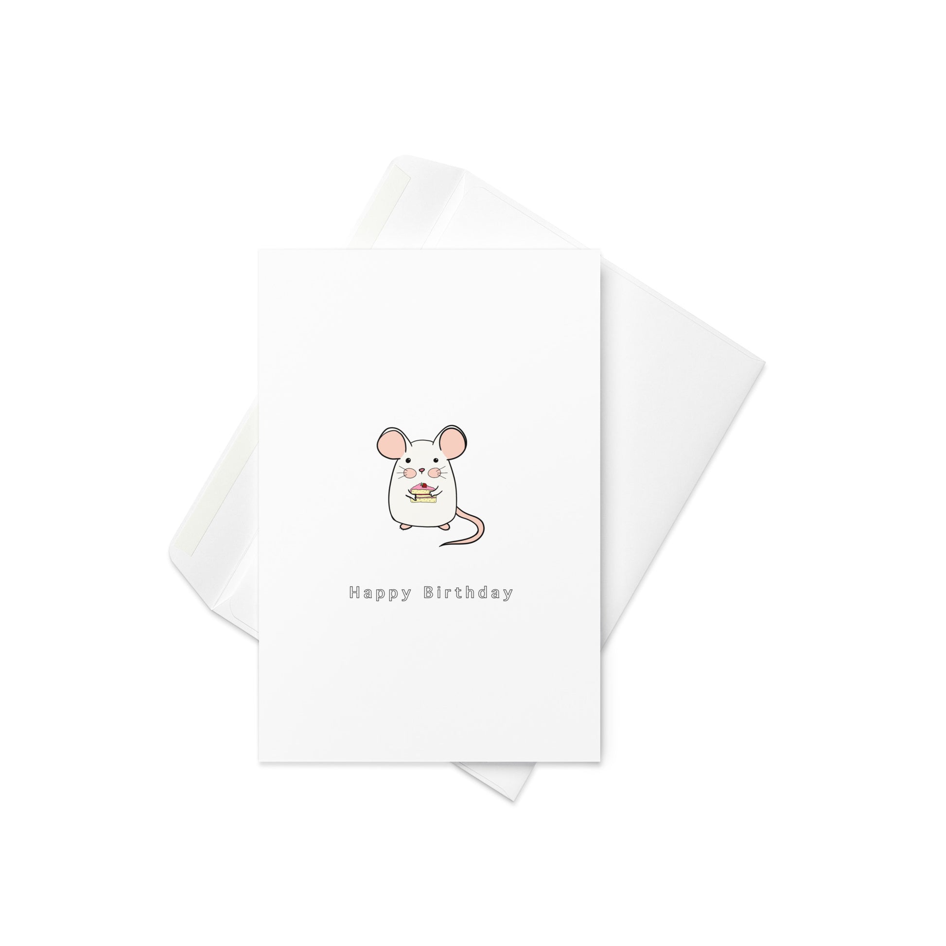 Happy birthday, birthday card, greeting card, card for anyone, card with a mouse holding a slice of cake, cute mouse birthday card.blank inside