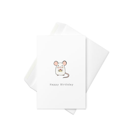 Happy birthday, birthday card, greeting card, card for anyone, card with a mouse holding a slice of cake, cute mouse birthday card.blank inside