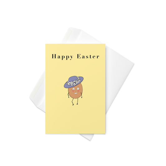 Celebrate Easter in the cutest way possible with this sunny, cheerful card featuring an adorable little egg character! With a gentle smile, stick arms and legs, and a classic Easter bonnet, this bright yellow card is perfect for sending love and springtime joy to friends, family, or anyone who deserves an extra-sweet surprise.

💛 Great for kids, adults, and Easter baskets alike