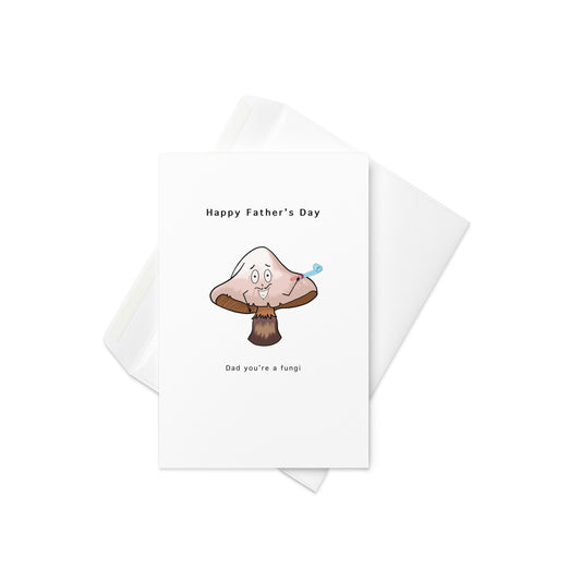 “Happy Father’s Day – You’re a Fungi” with a cheerful cartoon mushroom holding a party blower

Add a little spore-tacular fun to Dad’s special day with this pun-tastic Father’s Day card! Featuring a quirky, characterized mushroom with a big smile and a party horn, it’s the perfect way to show the father figure in your life that he’s the life of the forest—and the party.

🍄 Perfect for pun-loving dads, stepdads, grandads & fungi enthusiasts
🎉 Funny and lighthearted with an adorable illustrated design