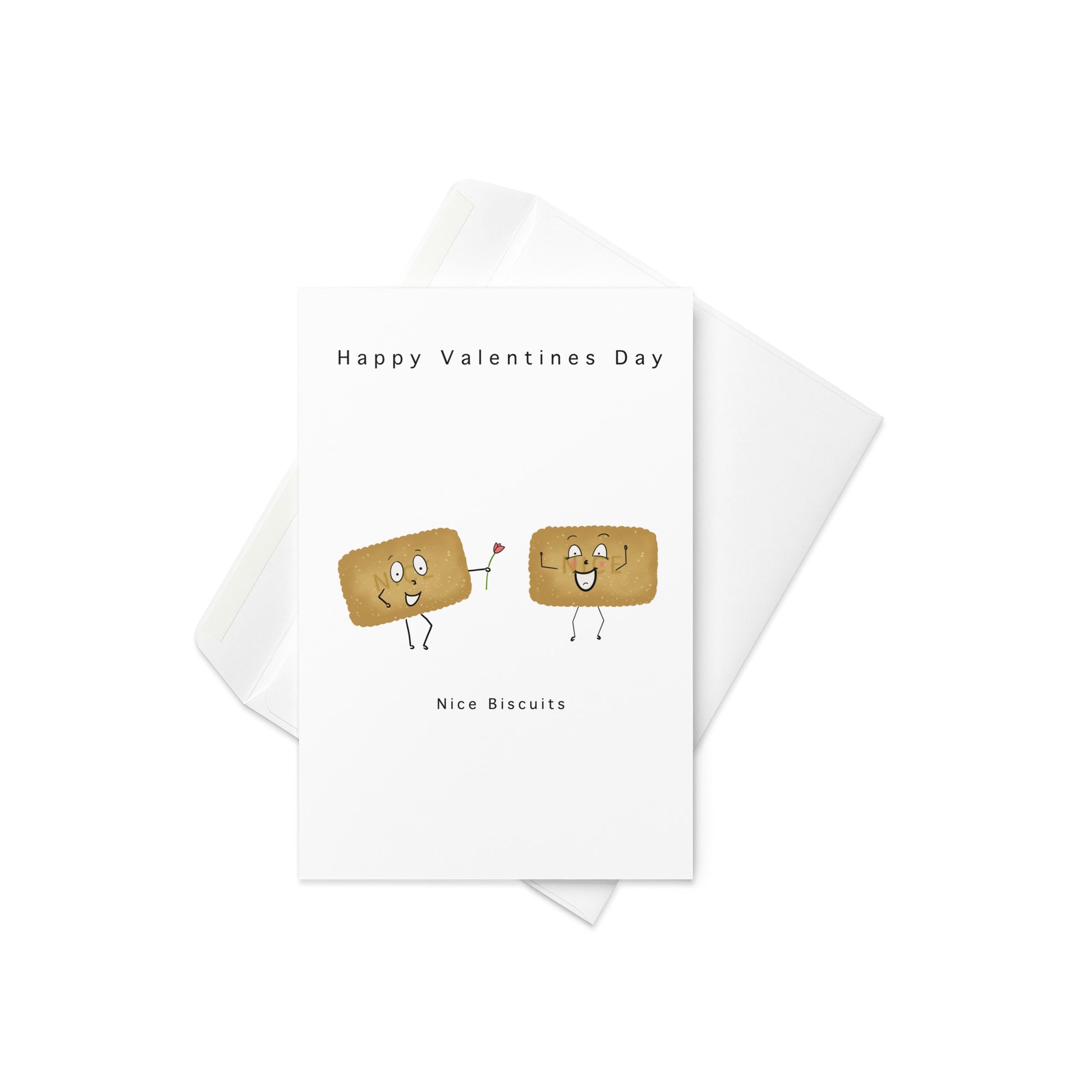 Happy Valentines Day, Nice biscuits, valentines day card, cute valentines day card - biscuit lover card. Card features two biscuits, one is gifting the other a red rose, they have been characterised with cute faces and tiny arms and legs, stick man style. Blank inside