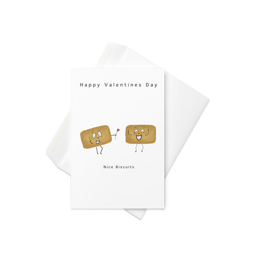 Happy Valentines Day, Nice biscuits, valentines day card, cute valentines day card - biscuit lover card. Card features two biscuits, one is gifting the other a red rose, they have been characterised with cute faces and tiny arms and legs, stick man style. Blank inside