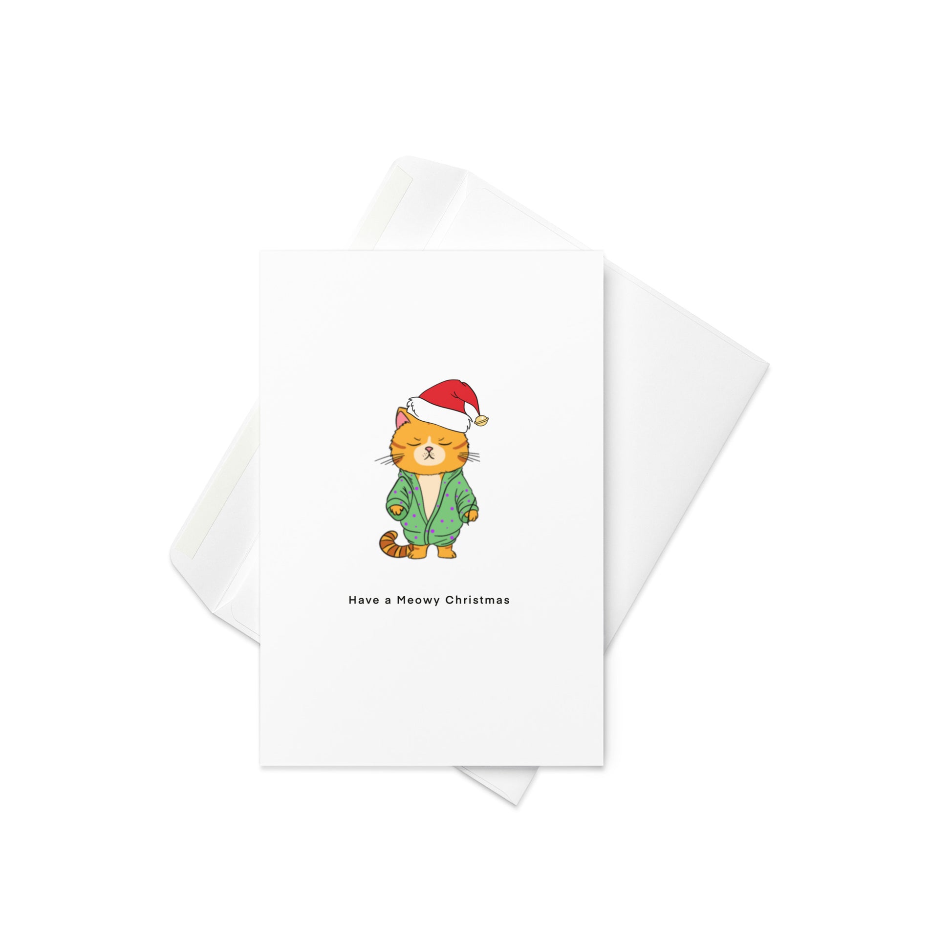 Christmas Card, have a meowy Christmas, at themed Christmas card, cute Christmas card. A little cat in a dressing gown and wearing a cute Christmas/Santa hat, text reads have a meowy Christmas. pun card. blank inside.