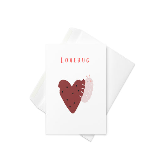 Lovebug greeting card, blank inside greeting card, card for anyone, a love heart with a little bug attached to the side of it. Text reads - lovebug