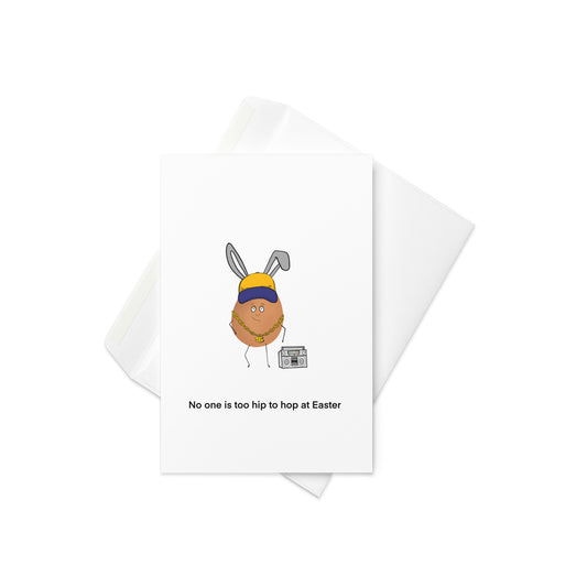 No one is too hip to hop at Easter, fun easter card, a cool egg for easter, a hip easter egg with chains , a cap and a boom box - an egg that's too cool. Easter greeting card. blank inside